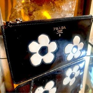 Prada Black Spazzolato Flower Zip Pouch Wallet